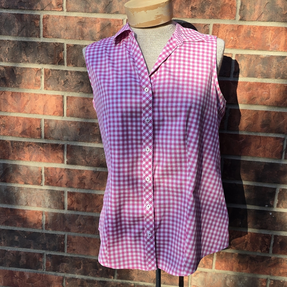 Talbots Shirt Womens 4 Pink Gingham Check Non-Iron Sleeveless Button Front Top